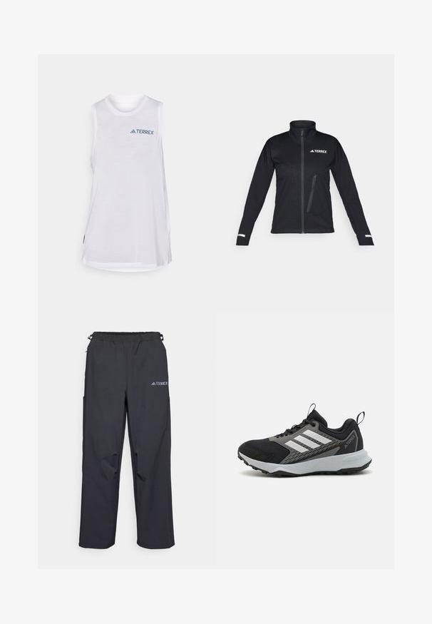 Casaco softshell preto com colarinho alto, fecho zip na frente, bolso lateral, padrão texturizado no tecido e detalhes refletivos nas mangas.; Top atlético branco, sem mangas, com um decote redondo e logotipo "TERREX" azul em contraste, feito de material leve e respirável.; Calças de exterior pretas e leves, com um cós elástico, bolsos laterais e um logótipo na parte superior da perna direita. Tecido suave e resistente à água.; Sapatilha desportiva preta com detalhes cinzentos, apresentando um cabedal de malha texturizada, três riscas brancas e uma sola de borracha para aderência.