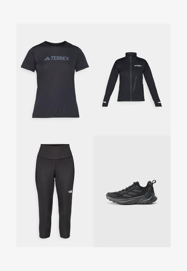 Musta pehmeäkuorinen takki, jossa on korkea kaulus, vetoketjullinen etuosa, sivutasku, tekstiilissä on teksturoitu kuvio ja heijastavat yksityiskohdat hihoissa.; Musta lyhythihainen urheilupaita, joka on valmistettu kosteutta siirtävästä kankaasta, jossa on pyöreä kaula-aukko ja iso "TERREX"-logo tummanharmaana rinnassa.; Mustat capri-collegehousut, jotka on valmistettu joustavasta kankaasta. Ne sisältävät korkean vyötärön ja pienen valkoisen logon vasemmalla puolella. Silkkinen pinta.; Mustat urheilukengät, joissa on teksturoitu kangaspinta, huomattava kolme raita -design harmaana, pehmustettu välipohja ja karkeapintainen ulkopohja.