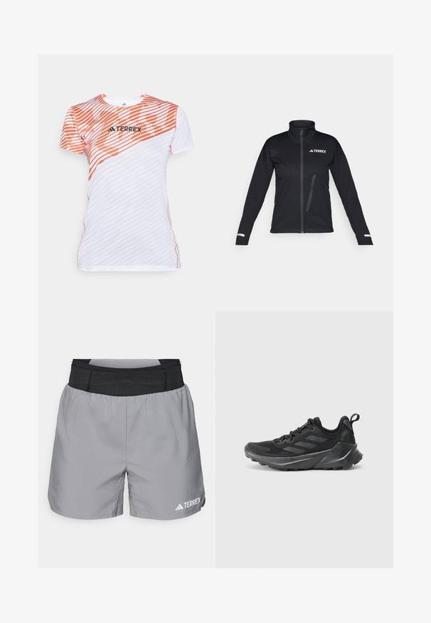 Chaqueta softshell negra con cuello alto, frontal con cremallera, bolsillo lateral, patrón texturizado en la tela y acentos reflectantes en las mangas.; Camisa atlética de manga corta blanca y naranja con un patrón de rayas en diagonal y el logo "TERREX" en el pecho.; Pantalones cortos deportivos grises con cinturilla elástica negra, material ligero, corte relajado y acento de logotipo blanco en la parte inferior derecha.; Zapatillas negras deportivas con un upper de tela texturizada, diseño destacado de tres rayas en gris, entresuela acolchada y suela rugosa.