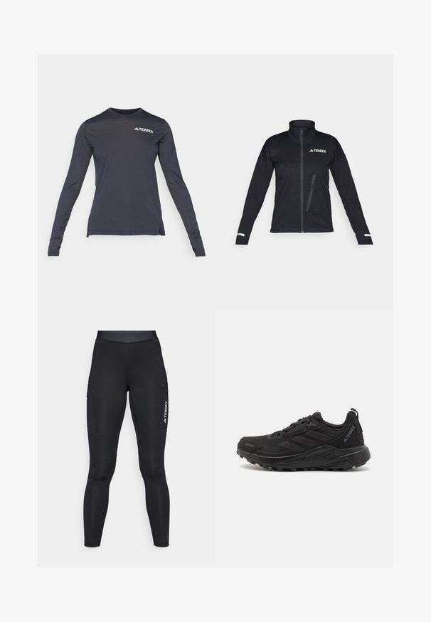 Musta pehmeäkuorinen takki, jossa on korkea kaulus, vetoketjullinen etuosa, sivutasku, tekstiilissä on teksturoitu kuvio ja heijastavat yksityiskohdat hihoissa.; Pitkähihaiset tummansiniset suorituspaita, jossa on pyöreä kaula-aukko. Paidassa on valkoinen "Terrex"-logo ja teksturoitu verkkomateriaali sivupaneeleissa.; Mustat urheilulegginsit, joissa on tiukka malli ja venyvä materiaali. Varustettu sivutaskuilla ja valkoisella "TERREX"-brändäyksellä.; Mustat urheilukengät, joissa on teksturoitu synteettinen päällinen, nauhakiristys, paksu kumipohja ja huomaamattomat logoakcentit sivuilla ja kantapäässä.