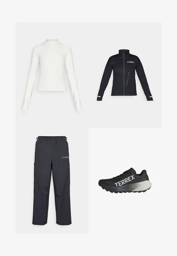 Casaco softshell preto com colarinho alto, fecho zip na frente, bolso lateral, padrão texturizado no tecido e detalhes refletivos nas mangas.; Camisola atlética branca de manga comprida com gola alta e pequeno logótipo centralizado no peito, exibida sobre um fundo simples.; Calças de exterior pretas e leves, com um cós elástico, bolsos laterais e um logótipo na parte superior da perna direita. Tecido suave e resistente à água.; Sapatilha de corrida preta com um upper texturizado, logótipo "TERREX" em branco em destaque, design de sola afilada, e um acento em gradiente cinza no calcanhar.