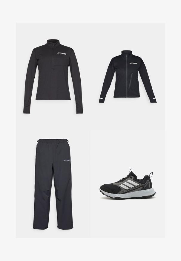 Juoda minkštosios odos striukė su aukštu apykakle, užtrauktuko priekyje, šoniniu kišeniu, tekstūruota medžiagos raštas ir atspindinčios akcentai ant rankovių.; Juodas ilgomis rankovėmis puloveris su ketvirčio užtrauktuku, turi priekinių kišenių ir baltą "TERREX" logotipą ant krūtinės. Lygus, lengvas audinys.; Juodos, lengvos lauko kelnės su elastinga juosmens juosta, šoniniais kišenėmis ir logotipu viršutiniame dešiniajame šlaunyje. Lygi, vandeniui atspari medžiaga.; Juodas sportinis batelis su pilkais akcentais, turintis tekstūruotą tinklelio viršutinę dalį, tris baltas juosteles ir guminį pado padą, užtikrinantį sukibimą.