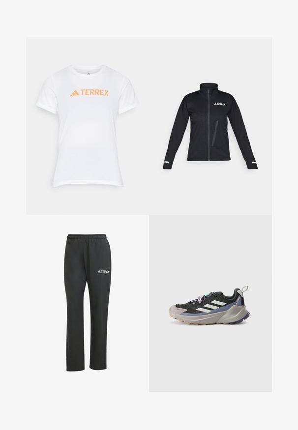Musthave pehmeast materjalist must jakks, millel on kõrge krae, lukuga eesmine osa, küljetaskud, tekstuuriga muster kangast ja peegeldavad aktsendid varrukatel.; Valge lühikeste varrukatega spordipait, millel on oranž "TERREX" logo. Valmistatud kergest, hingavast kangast, millel on sile tekstuur.; Mustad mustad püksid elastse vöökohtiga. Elegantselt diskreetne valge "TERREX" logo. Sile kangas ja sirge jala disain.; Mustaline sportlikud jalanõud Gore-Tex ülahosaga, valged triibud, lillad aktsendid, paks hall vaheosa ja tekstureeritud hall välistald haardeks.