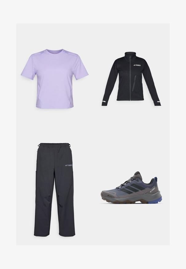 Jachetă neagră din material softshell, cu guler înalt, fermoar în față, buzunar lateral, model texturat pe țesătură și accente reflective pe mâneci.; Tricou sportiv fără mâneci, de culoare lila, cu decolteu rotund, textură netedă și cusături subtile în contrast. Logo minimal pe piept.; Pantaloni de exterior negri, ușori, cu un talie elastică, buzunare laterale și un logo pe piciorul din dreapta sus. Material neted, rezistent la apă.; Pantofi de drumeție gri și albastri, cu un superior din plasă și material sintetic, talpă texturată, șireturi proeminente și trei dungi negre pe lateral.