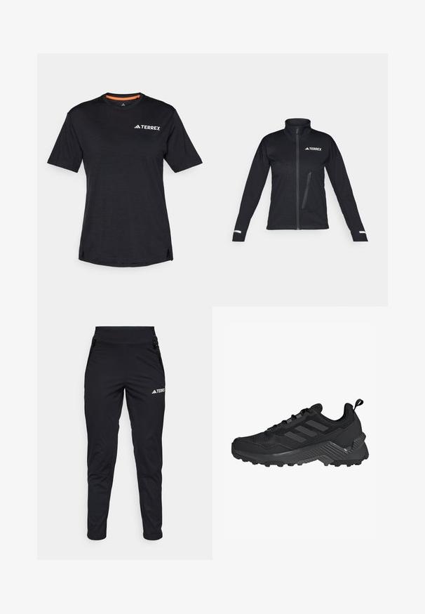 Casaco softshell preto com colarinho alto, fecho zip na frente, bolso lateral, padrão texturizado no tecido e detalhes refletivos nas mangas.; T-shirt preto de manga curta com decote redondo, apresentando uma textura heather subtil e o logótipo branco "TERREX" no lado superior esquerdo.; Calças de desporto pretas com um tecido suave, apresentando um design ajustado, bolsos com fecho e uma parte inferior texturizada. Logótipo impresso na frente.; Sapatilha atlética preta com um upper em malha, design de três riscas, calcanhar moldado e sola resistente com cravos de tração proeminentes.