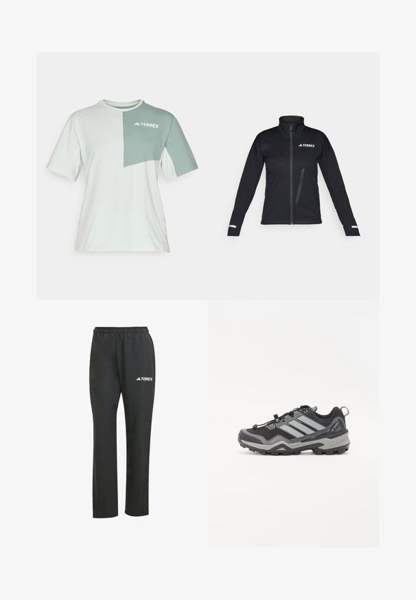Crna softshell jakna s visokim ovratnikom, s patentnim zatvaračem sprijeda, bočnim džepom, teksturiranim uzorkom na tkanini i reflektirajućim detaljima na rukavima.; Svijetlozelena majica kratkih rukava, s tamnozelenim ušivenim detaljem na kojem je bijeli "TERREX" logo, izrađena od mekog, prozračnog materijala.; Crne lagane hlače s elastičnom trakicom u struku. Imaju suptilan bijeli “TERREX” logo. Glatka tkanina i ravni kroj.; Crne i sive planinarske cipele s teksturiranom površinom, gumeni potplat i tri istaknute sive pruge sa strane; sadrže sustav brze vezice.