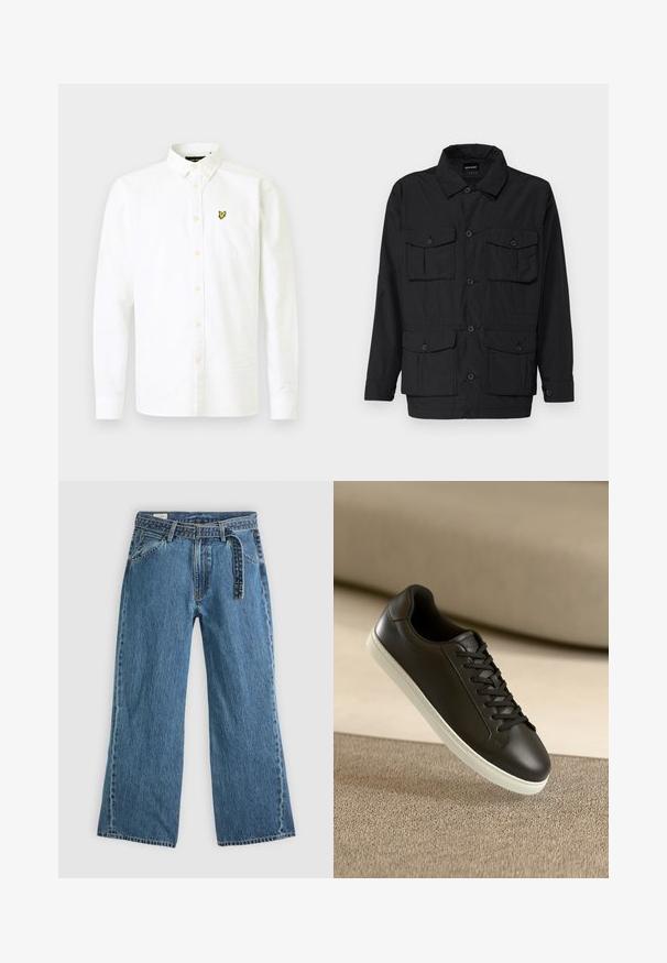 Chaqueta ligera negra con cierre de botones, dos bolsillos en el pecho y dos bolsillos inferiores con solapa. Cuenta con cuello y mangas largas.; Camisa blanca de manga larga de algodón con cuello abotonado, que presenta un bolsillo en el pecho y un pequeño logotipo amarillo en el lado izquierdo.; Pantalones vaqueros de mezclilla azul de pierna ancha con cinturón adjunto, bolsillos frontales y costuras visibles sobre un fondo claro y liso.; Zapatilla de cuero negra con suela de goma blanca y cordones negros, posicionada sobre una superficie y fondo de tela beige.
