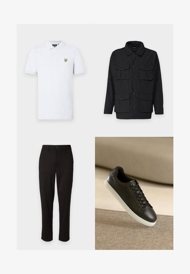 Czarna, lekka kurtka z zapięciem na guziki, dwiema kieszeniami na piersi i dwoma dolnymi kieszeniami z klapką. Posiada kołnierz i długie rękawy.; Biała koszulka polo wykonana z bawełny. Posiada kołnierzyk, trzy guziki oraz żółte haftowane logo na lewej piersi. Krótkie rękawy.; Czarne spodnie wykonane z lekkiego materiału, posiadające prostą nogawkę, zapięcie na guziki z przodu, szlufki na pasek oraz boczne kieszenie.; Czarne skórzane sneakersy z białą gumową podeszwą i czarnymi sznurowadłami, umieszczone na beżowej tkaninie w tle.