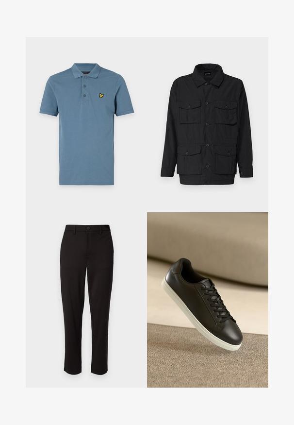 Černá lehká bunda s knoflíkovým zapínáním, dvěma kapsami na hrudi a dvěma dolními kapsami na klopu. Má límeček a dlouhé rukávy.; Svetle modré polo tričko z bavlny, s třemi knoflíky na léze a malým vyšitým žlutým logem na hrudi. Krátké rukávy.; Černé kalhoty vyrobené z lehkého materiálu, s rovnými nohavicemi, zapínáním na knoflík vpředu, poutky na opasek a bočními kapsami.; Černé kožené tenisky s bílou gumovou podrážkou a černými tkaničkami, umístěné na béžovém textilním povrchu a pozadí.