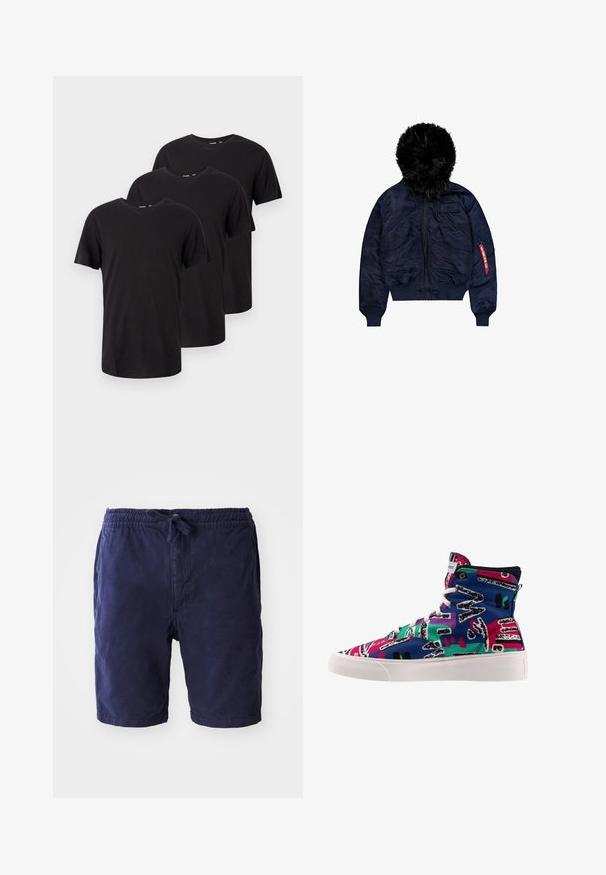Marineblaue Bomberjacke mit einer Kapuze aus Kunstfell, Reißverschluss vorne, zwei großen Fronttaschen, gerippten Bündchen und einem roten Stoffetikett am Ärmel.; Drei schlichte schwarze T-Shirts mit kurzen Ärmeln und Rundhalsausschnitt, in einer versetzen Überlappung auf einem weißen Hintergrund angeordnet.; Marineblaue Shorts mit elastischem Bund und verstellbarem Kordelzug. Aus einem leichten Stoff gefertigt und mit einer lockeren Passform.; Converse Sneaker high - blaugruen