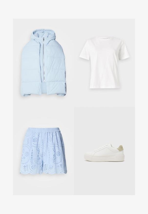 Lys blå, hættetrøje pufferjakke med en metallisk lynlås, der har quiltede paneler og et åbent frontdesign. Blødt, tekstureret stof.; Hvid bomulds t-shirt med korte ærmer, rund halsudskæring og en afslappet pasform. Glat tekstur, ingen mønstre eller accenter, minimalistisk design.; Lyseblå, bomuldsshorts med broderede udskårne mønstre, elastisk talje og bølget kant. Har blomster- og bladdesigns.; Hvide sneakers med en glat læderoverdel, lysegrå ruskindsdetalje på hælen og en kraftig hvid gummisål. Har snørelukning.