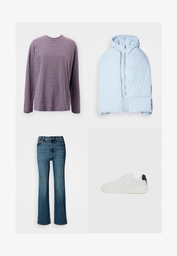 Svijetloplava puf jakna s kapuljačom, metalnim patentnim zatvaračem, s prošivenim panelima i otvorenim prednjim dizajnom. Mekani, teksturirani materijal.; Košulja dugih rukava s ljubičastim prugama i okruglim izrezom. Ima horizontalne pruge i ležeran kroj s bočnim prorezima na rubu.; Traperice viskog struka u plavoj boji, s ravnim nogavicama, blagim izbljeđivanjem, te standardnim dugmetom i zatvaračem.; Bijele tenisice s teksturiranim crnim potplatom, glatkom tkaninom na gornjem dijelu, okruglim vrhom, ravnim bijelim potplatom i vezanjem sprijeda.