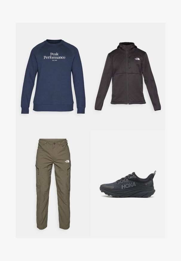 The North Face M QUEST HOODED SOFTSHELL - Softshellová bunda - black; Peak Performance ORIGINAL CREW-BLACK-OFFWHITE - Mikina - blue shadow/offwhite; Olivově zelené venkovní kalhoty vyrobené z lehké tkaniny, s cargo kapsami, zipovými akcenty a logem na horní části stehna.; Černá běžecká obuv Hoka s prodyšným svrškem, texturovanými detaily a silnou, polstrovanou podrážkou se zúženými okraji pro lepší oporu.