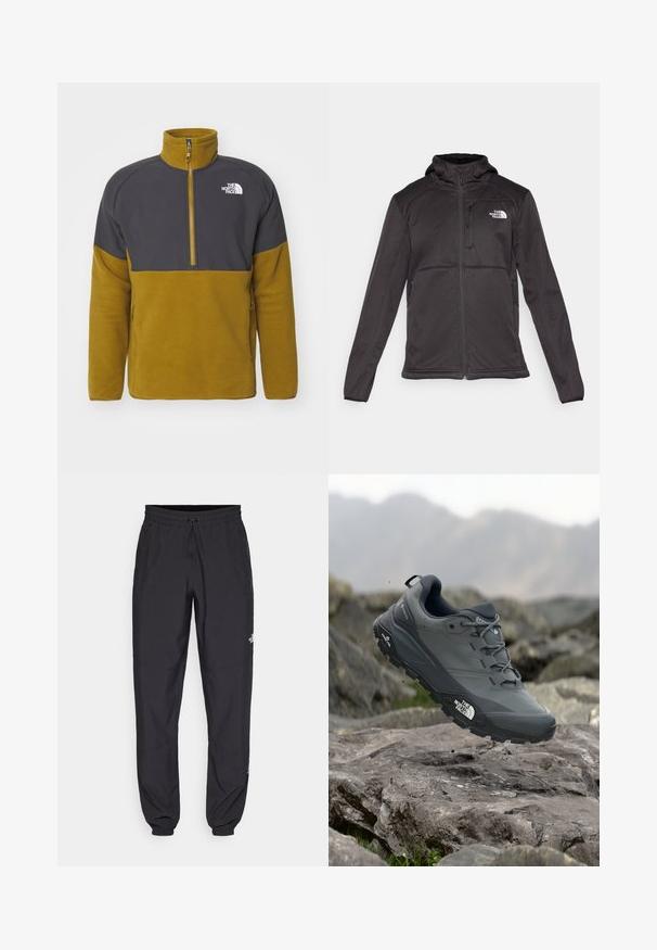The North Face M QUEST HOODED SOFTSHELL - Giacca softshell - black; The North Face GLACIER HEAVYWEIGHT 1/2 ZIP - Felpa in pile - moss green/asphalt grey; Pantaloni sportivi neri realizzati in tessuto leggero, con vita regolabile con cordino, tasche laterali e orli affusolati alle caviglie.; Scarpa da trail running grigia con tomaia testurizzata, suola in gomma resistente e punta rinforzata. Presenta lacci e logo del marchio sul lato.