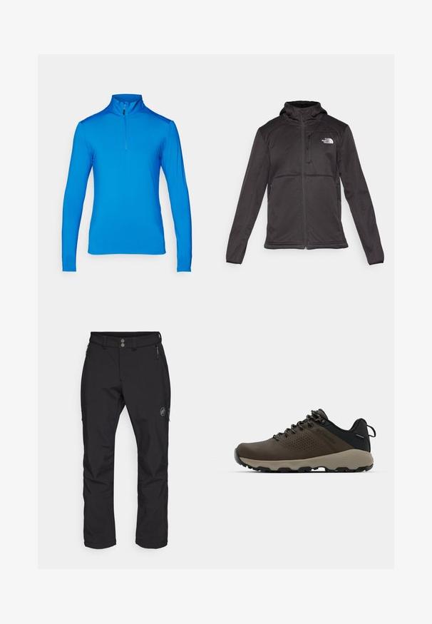 The North Face M QUEST HOODED SOFTSHELL - Veste softshell - black; T-shirt de sport bleu à manches longues et demi-zip, composé d'un tissu lisse et léger ; possède un col haut et des coutures plates.; Pantalons d'extérieur noirs avec un design à jambe droite, fabriqués en tissu durable. Comprend deux poches avant avec fermetures éclair et un logo sur la cuisse.; Baskets imperméables marron avec une tige texturée, des accents perforés, un support de talon noir et une semelle en caoutchouc grise. Les lacets sont ornés d'embouts métalliques.