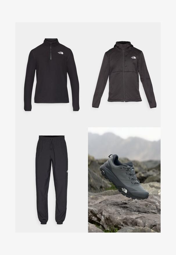The North Face M QUEST HOODED SOFTSHELL - Softshelljas - black; Zwarte quarter-zip fleece pullover met een hoge kraag, lange mouwen en een wit logo op de linkerborst. Zachte textuur.; Zwarte sportieve broek gemaakt van lichtgewicht stof, met een trekkoord in de taille, zijzakken en taps toelopende boorden bij de enkels.; Grijze trailrun-schoen met een gestructureerde bovenkant, duurzame rubbersole en versterkte neuskap. Voorzien van veters en een merkimprint aan de zijkant.