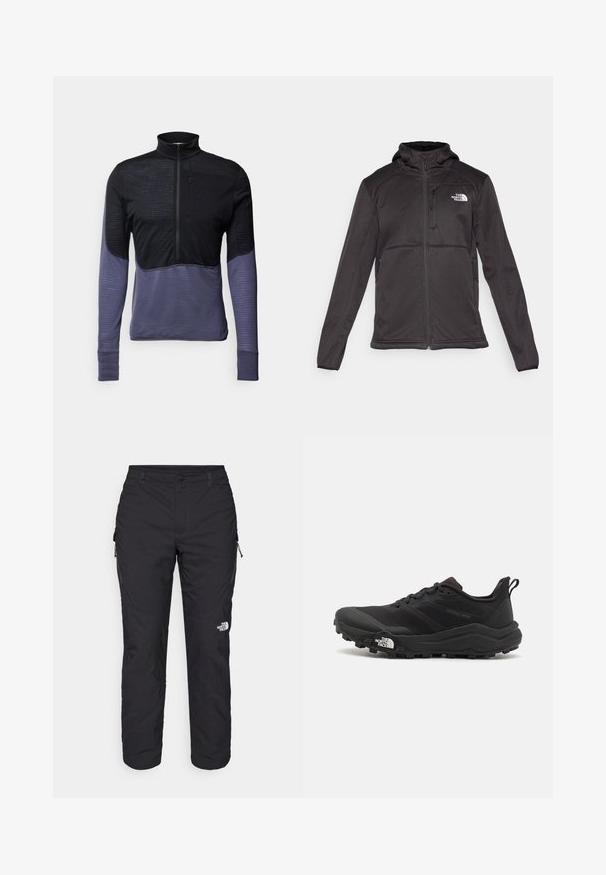 The North Face M QUEST HOODED SOFTSHELL - Chaqueta softshell - black; Sudadera de manga larga en negro y púrpura oscuro, con cuello con cremallera, parte superior texturizada y mangas inferiores suaves.; The North Face WINTER EXPLORATION TAPERED CARGO - Pantalones montañeros largos - black; Zapatilla de trail running negra con upper texturizado, suela de goma y puntera reforzada. Presenta un collar acolchado y una lengüeta para poner y quitar fácilmente.