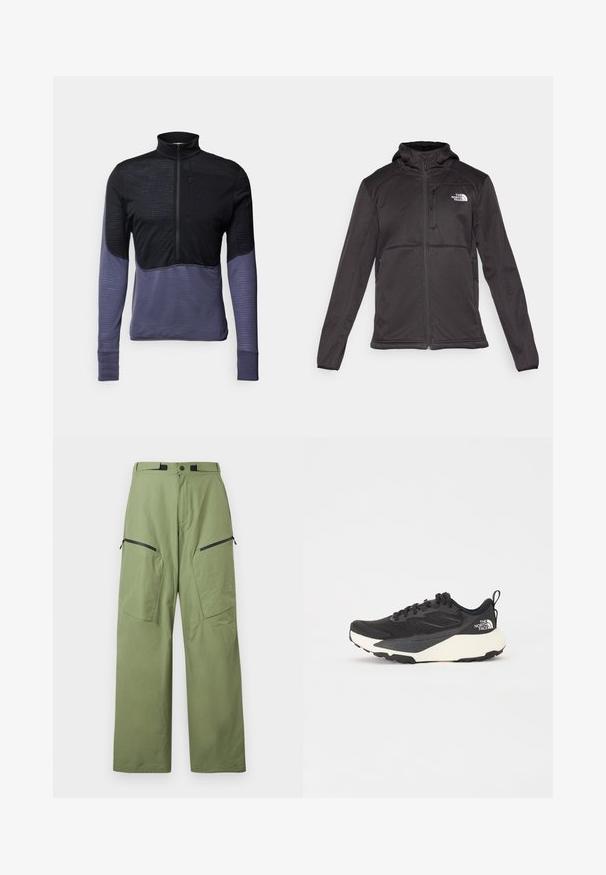 The North Face M QUEST HOODED SOFTSHELL - Giacca softshell - black; Maglione a maniche lunghe in nero e viola scuro, con colletto a zip, parte superiore testurizzata e maniche lisce.; Pantaloni da esterno verdi realizzati in tessuto leggero, con vita alta, due tasche frontali con zip e dettagli del logo sulla coscia.; Scarpa da allenamento nera con tomaia in mesh testurizzato, dettagli neri solidi e suola leggera bianca. Presenta chiusura con lacci e un tab di pull.