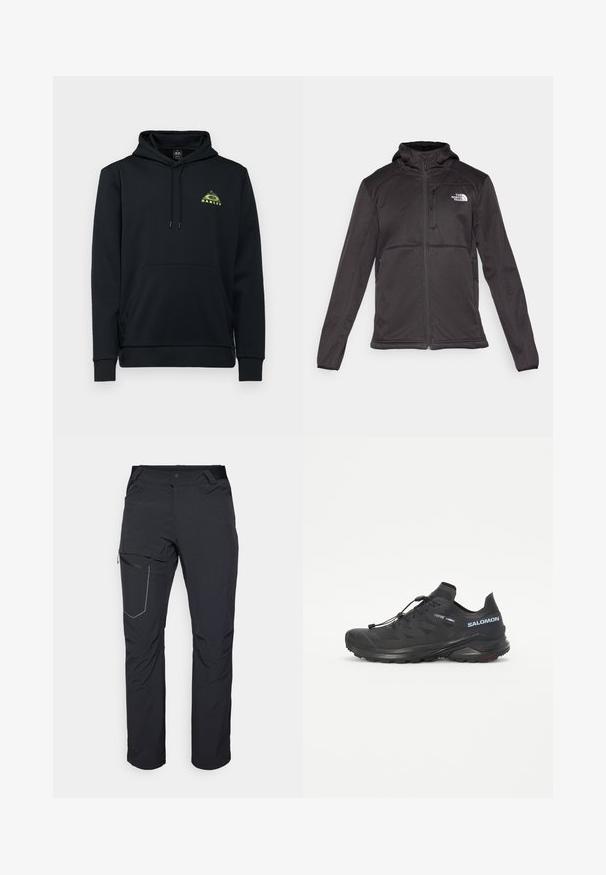 The North Face M QUEST HOODED SOFTSHELL - Chaqueta softshell - black; Oakley GRAPHIC PEAK HOODIE - Jersey con capucha - blackout; Pantalones exteriores negros con un bolsillo en el muslo con cremallera, cintura elástica y tejido liso y resistente al agua. Diseño limpio sin logotipos visibles.; Zapatilla de trail running negra con parte superior texturizada, lazadas elásticas y suela Contagrip. Presenta un ajuste ceñido y una puntera protectora.