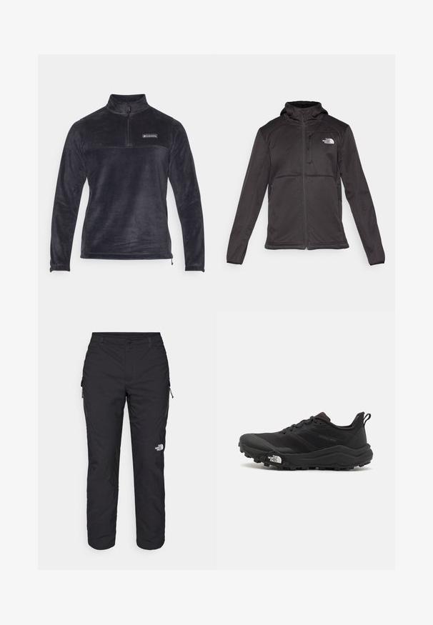 The North Face M QUEST HOODED SOFTSHELL - Soft shell jacket - black; Black fleece pullover with a half-zip neck, long sleeves, and a logo on the chest. Soft texture and seamless design.; The North Face WINTER EXPLORATION TAPERED CARGO  - Outdoor trousers - black; Black trail running shoe with a textured upper, rubber sole, and reinforced toe cap. Features a padded collar and pull tab for easy wear.