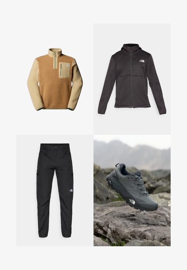 The North Face M QUEST HOODED SOFTSHELL - Softshelljacke - black; Fleece-Pullover in Braun und Beige mit halbem Reißverschluss, Brusttasche vorne und dem The North Face-Logo auf der linken Seite. Strukturierter Stoff.; The North Face HORIZON PANT - Outdoor-Hose - black; Grau Trailrunning-Schuh mit einer strukturierten Oberseite, haltbarer Gummisohle und verstärkter Zehenkappe. Verfügt über Schnürsenkel und ein Markenlogo an der Seite.