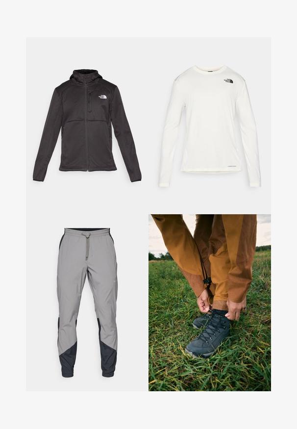 The North Face M QUEST HOODED SOFTSHELL - Giacca softshell - black; Camicia bianca a maniche lunghe con colletto tondo, tessuto testurizzato, logo nero sulla spalla sinistra e branding sottile sul fondo.; Pantaloni sportivi leggeri grigi con accenti neri. Vita elastica, chiusura con cordino, design a gamba affusolata e tasche laterali.; Stivali da trekking neri con tomaia testurizzata e lacci, indossati con pantaloni impermeabili marroni, posizionati su erba verde sotto un cielo nuvoloso.