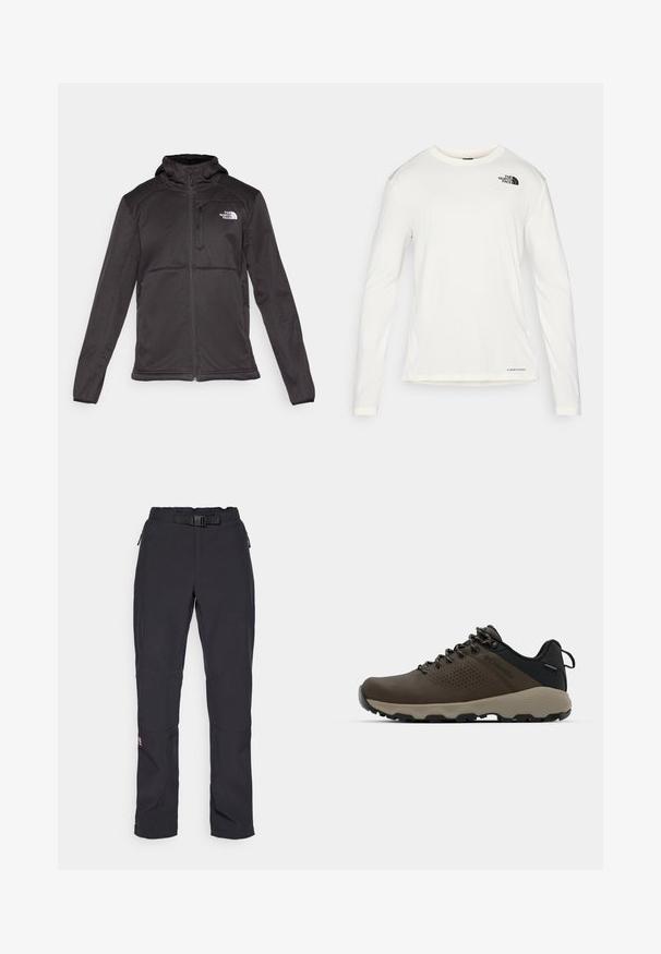 The North Face M QUEST HOODED SOFTSHELL - Softshell-takki - black; Valkoinen pitkähiha- paita, jossa on pyöreä kaula-aukko, teksturoitu kangas, musta logo vasemmassa olkapäässä ja huomaamaton brändäys alaosassa.; Mustat ulkoiluhousut, joissa on vyö, joustavaa kangasta, kapenevat lahkeet ja vahvistetut polviosat. Mukana vetoketjulliset sivutaskut.; Ruske vedenäyttävät lenkkarit, joissa on tekstuuroitu päällinen, reikiä korostavia yksityiskohtia, musta kantatuki ja harmaa kumipohja. Kiristysnauhoissa on metalliset päät.