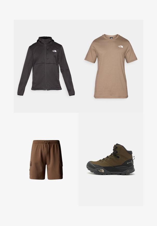 The North Face M QUEST HOODED SOFTSHELL - Softshelljacka - black; Kortärmad, ljusbrun bomull t-shirt med en liten vit logotyp på bröstet. Klassisk rund hals, mjuk textur och standard passform.; Bruna bomullscargoshorts med elastisk midja, dragsko stängning och två sidofickor. Slät textur och knälång längd.; Vattentäta vandringskängor i mörk olivgrön och svart, med en texturerad ovandel, robust sula och förstärkt tåhuvud.
