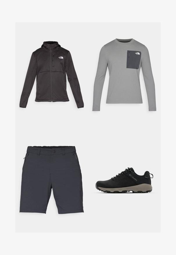 The North Face M QUEST HOODED SOFTSHELL - Softshell-takki - black; Harmaa pitkähihaisuus paita, jossa on teksturoitu kangas, tummanharmaalla rintataskulla ja vetoketjukiinnityksellä. Taskussa valkoinen logo.; Tummanharmaat shortsit, jotka on valmistettu kevyestä kankaasta. Niissä on tasainen vyötärö, vetoketjulliset taskut sivuilla ja suora leikkaus polveen asti.; Mustat vaelluskengät, joissa on sileä yläosa, rei'itetty muotoilu, harmaa pohja ja vahvistettu kantapää. Varustettu nauhoilla ja vetoketjulla helppoa päällepukua varten.