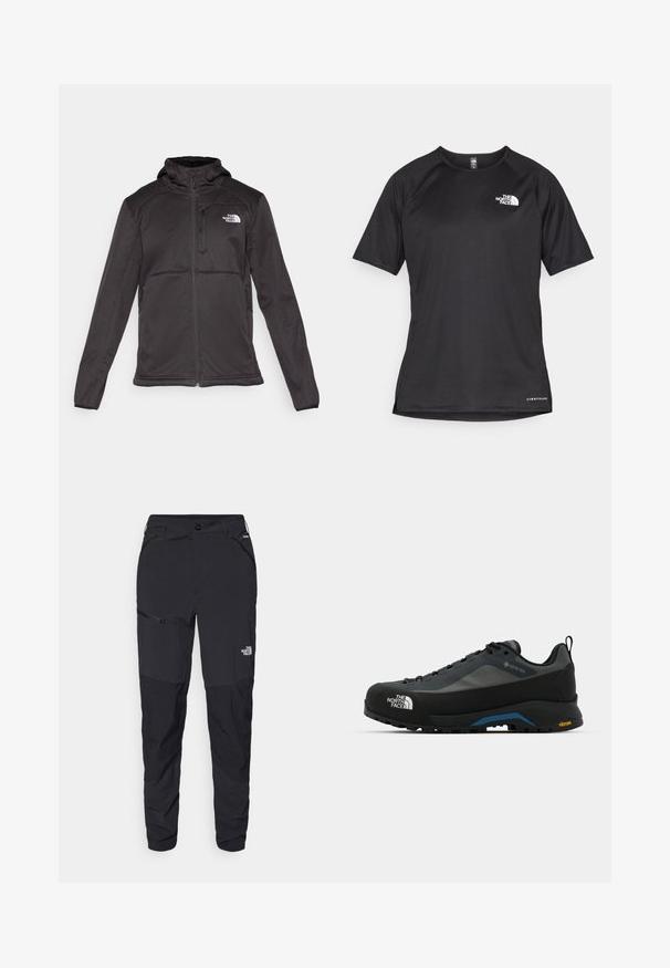 The North Face M QUEST HOODED SOFTSHELL - Chaqueta softshell - black; Camiseta atlética corta negra de manga corta con una tela texturizada, que presenta un logo blanco en el lado izquierdo del pecho y un dobladillo recto.; Pantalones exteriores negros con ajuste entallado, fabricados con un tejido duradero. Cuenta con bolsillos con cremallera y un sutil logotipo en la pierna delantera.; The North Face VERTO ALPINE GORE TEX - Zapatillas de senderismo - asphalt grey/tnf black
