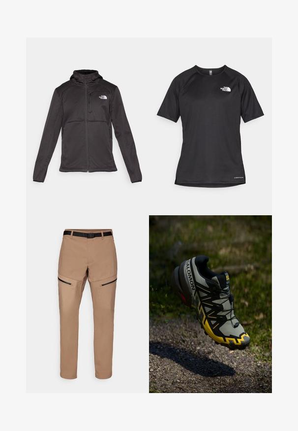 The North Face M QUEST HOODED SOFTSHELL - Softshellová bunda - black; Černé sportovní tričko s krátkým rukávem a strukturovanou tkaninou, se bílým logem na levé hrudi a rovým lemem.; Bežové turistické kalhoty se střihy rovné, vybavené bočními kapsami na zip, odolnou látkou a černým nastavitelným pásem v pase.; Salomon běžecká obuv na trail v tlumené šedé barvě s jasně žlutými akcenty. Má texturovanou podrážku, bezpečný systém šněrování a polstrovaný límec.