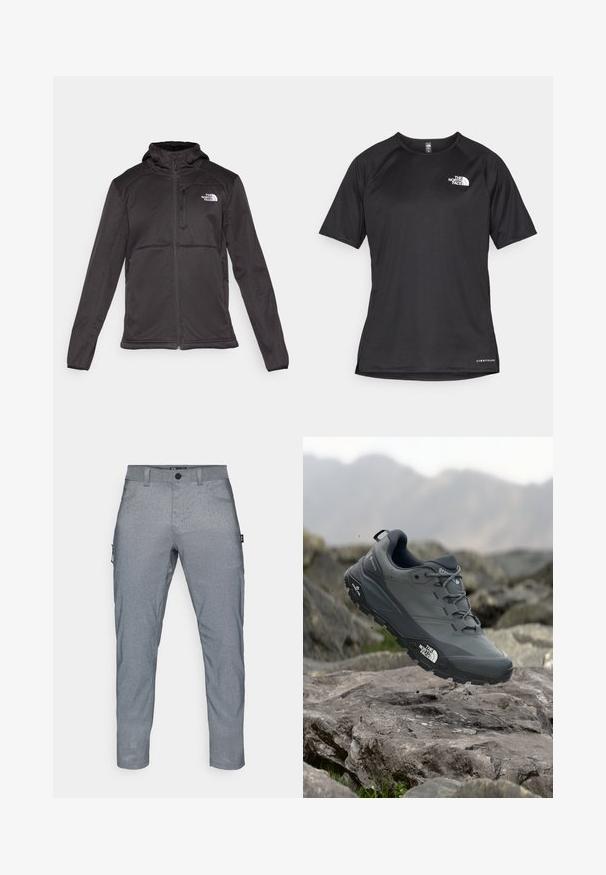 The North Face - Kurtka Softshell; Czarna, krótkosleeve'owa koszulka sportowa z teksturowanej tkaniny, z białym logo na lewej piersi i prostym dołem.; Szare, teksturowane spodnie z prostym krojem, z zapinaniem na guzik z przodu, kieszeniami bocznymi oraz dodatkową kieszenią typu cargo na lewej nodze.; Szare buty do biegania w terenie z teksturową cholewką, trwałą gumową podeszwą i wzmocnionym noskiem. Posiadają sznurowadła oraz logo marki z boku.