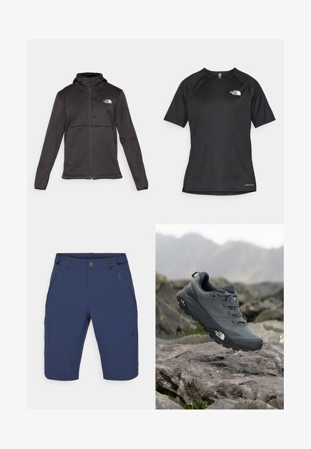 The North Face M QUEST HOODED SOFTSHELL - Soft shell jacket - black; Black short-sleeve athletic shirt with a textured fabric, featuring a white logo on the left chest and a straight hem.; Mammut RUNBOLD MEN - Outdoor shorts - marine; Grey trail running shoe with a textured upper, durable rubber sole, and reinforced toe cap. Features laces and brand logo on the side.