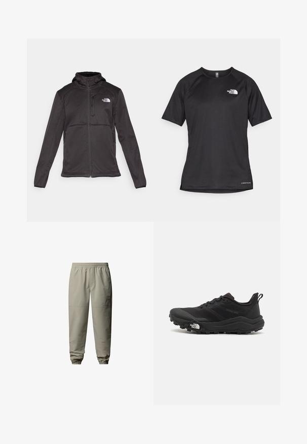 The North Face M QUEST HOODED SOFTSHELL - Softshelljas - black; Zwarte sportshirt met korte mouwen van textuurstof, met een wit logo op de linkerborst en een rechte zoom.; Lichtbeige, joggers met elastische taille en taps toelopende manchetten, gemaakt van glad, waterafstotend materiaal. Bevat subtiele logo-details.; Zwarte trailrunning schoen met een gestructureerde bovenkant, rubberen zool en versterkte neus. Voorzien van een gevoerde kraag en een trekhaak voor eenvoudig aan- en uittrekken.