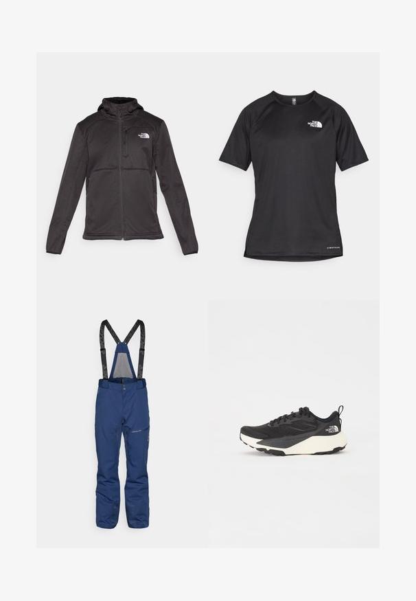 The North Face M QUEST HOODED SOFTSHELL - Softshell-takki - black; Mustat lyhythihaiset urheilupaidat, joissa on teksturoitu kangas, valkoisella logolla vasemmassa rinnassa ja suora helma.; Tummansiniset hiihtohousut, joissa on säädettävät mustat henkselit, etutasku vetoketjulla, vahvistetut lahkeet ja sileäpintainen pinta.; Musta urheilujuoksukenkä, jossa on teksturoitu verkkomateriaali, kiinteät mustat yksityiskohdat ja valkoinen kevyt ulkopohja. Varustettu nauhakiinnityksellä ja vetonipulla.