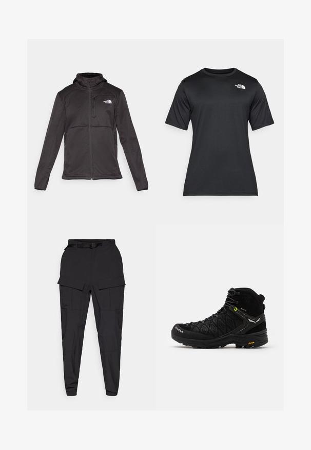 The North Face M QUEST HOODED SOFTSHELL - Softshell-takki - black; Mustat lyhyet hiharat t-paita, joka on valmistettu kevyestä, kosteutta siirtävästä kankaasta. Vasen rintaosa on varustettu valkoisella logolla ja t-paidassa on pyöreä kaula-aukko.; Mustat cargo-housut, jotka on valmistettu kestävästä kankaasta. Housuissa on useita suuria taskuja, vyö ja kapenevat sivut nilkassa.; Musta vaelluskenkä, jossa on teksturoitu päällyskangas, vahvistettu varvas ja Vibram-pohja. Kiristysjärjestelmässä on koukkuja, jotka takaavat turvallisen istuvuuden.