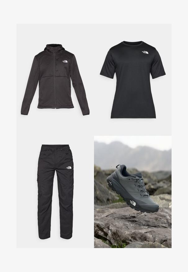 The North Face - Kurtka Softshell; Czarna koszulka z krótkim rękawem wykonana z lekkiego, odprowadzającego wilgoć materiału. Posiada białe logo na lewej stronie klatki piersiowej oraz okrągły dekolt.; Czarne spodnie cargo wykonane z lekkiego materiału. Posiadają zamknięte na zamek boczne kieszenie oraz logo na lewym udzie. Prosty krój nogawki.; Szare buty do biegania w terenie z teksturową cholewką, trwałą gumową podeszwą i wzmocnionym noskiem. Posiadają sznurowadła oraz logo marki z boku.