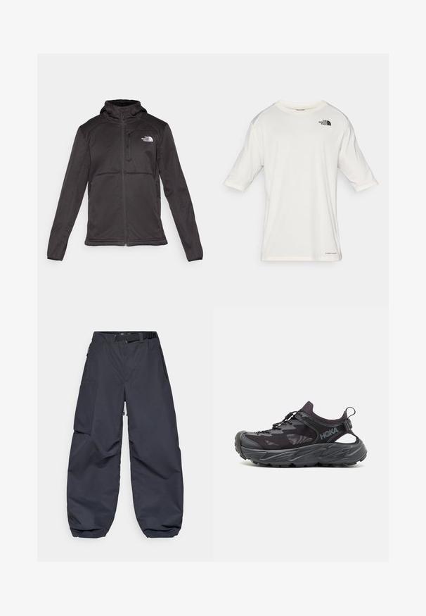The North Face M QUEST HOODED SOFTSHELL - Softshellová bunda - black; Bílé tričko s krátkým rukávem a kulatým výstřihem s logem The North Face na levém hrudníku a textem "Lightrange" blízko spodního lemu.; Tmavě šedé cargo kalhoty vyrobené z měkkého, odolného materiálu. Mají široký, volný střih, několik kapes a pásek na úpravu pasu.; Černá sportovní bota s lehkým síťovým svrškem, silnou gumovou podrážkou a elastickým šněrováním. Boční výřezy zajišťují prodyšnost a podporu.