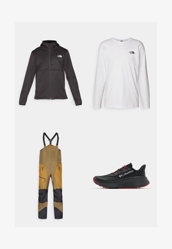 The North Face M QUEST HOODED SOFTSHELL - Softshell-takki - black; Valkoinen pitkähihaisen T-paita, joka on valmistettu puuvillasta ja jossa on pyöreä kaula-aukko. Rintamuksessa on pieni musta logo. Sileä kangas, normaali malli.; Ruskeat ja mustat haalarihousut, joissa on säädettävät mustat olkahihnat ja vetoketjulliset taskut, suunniteltu ulkoiluun tai työkäyttöön.; Musta urheilukenkä, jonka pinnassa on tekstuuri, punaiset nauhat ja logo. Paksu pohja, jossa on kuvioitu pito. Minimalistinen muotoilu, sivunäkemys.
