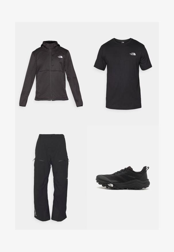 The North Face M QUEST HOODED SOFTSHELL - Softshell jakker - black; Sort kortærmet t-shirt lavet af bomuld, med rund halsudskæring og et lille hvidt logo på den øverste venstre brystområde.; Oakley TNP LINED SHELL PANT 2.0 - Snowboardbukser - blackout; Sort trail løbesko med en struktureret overdel, gummisål og forstærket tåhætte. Har en polstret krave og en pull-tab til nem påtagning.