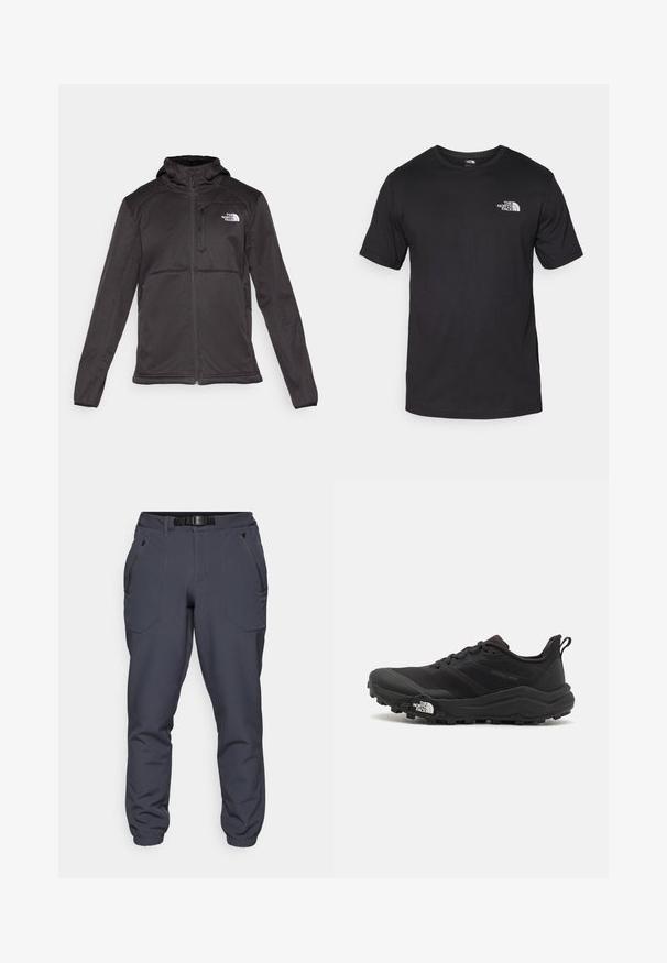 The North Face M QUEST HOODED SOFTSHELL - Soft shell jacket - black; Black short-sleeve t-shirt made of cotton, featuring a round neckline and a small white logo on the upper left chest area.; Dark gray outdoor pants with elastic cuffs, a belt, and two zippered side pockets. Made from a lightweight, durable material.; Black trail running shoe with a textured upper, rubber sole, and reinforced toe cap. Features a padded collar and pull tab for easy wear.