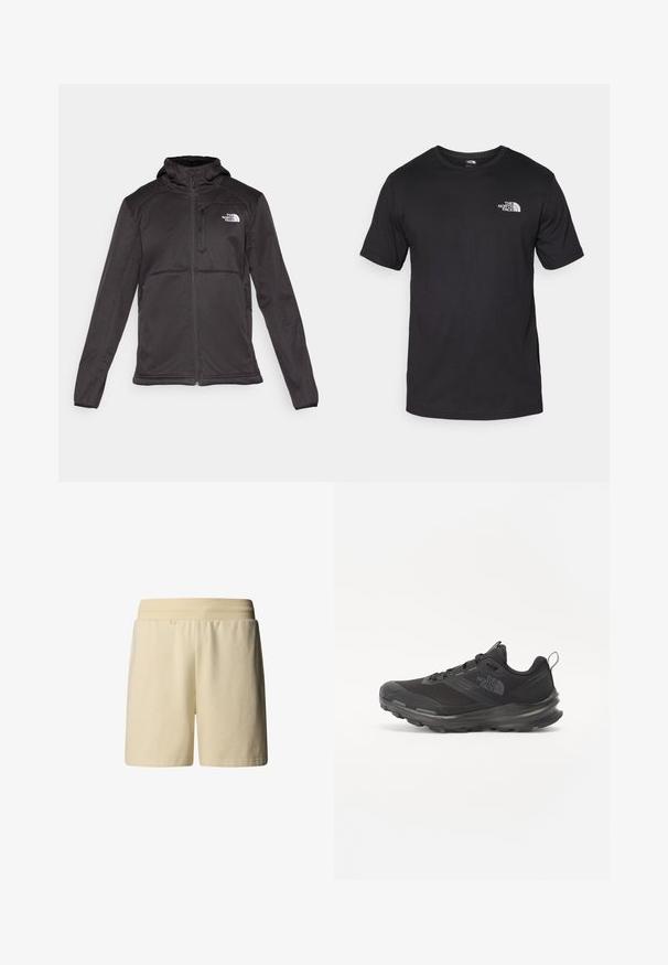 The North Face M QUEST HOODED SOFTSHELL - Softshell-takki - black; Mustat lyhythihaiset t-paidat, jotka on valmistettu puuvillasta. paidassa on pyöreä pääntie ja pieni valkoinen logo vasemmassa ylärintataskussa.; Vaalean beige-hanttähkä pehmeästä puuvillasta, jossa on joustava vyötärö ja rento muotoilu ilman näkyviä taskuja tai kuvioita.; Musta urheilujalkine, jossa on verkko päällinen, kumipohja ja pehmustettu varsi. Varusteena nauhat, logo sivussa ja teksturoitu kuvio.