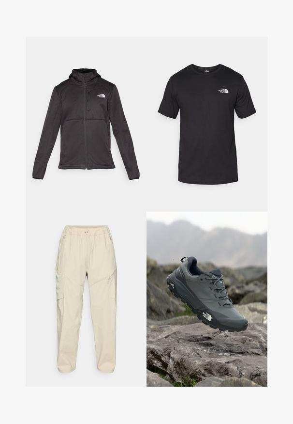 The North Face M QUEST HOODED SOFTSHELL - Soft shell jacket - black; Black short-sleeve t-shirt made of cotton, featuring a round neckline and a small white logo on the upper left chest area.; Beige lightweight cargo pants with an elastic waistband, zippered side pockets, and a tapered leg design for a relaxed fit.; Grey trail running shoe with a textured upper, durable rubber sole, and reinforced toe cap. Features laces and brand logo on the side.