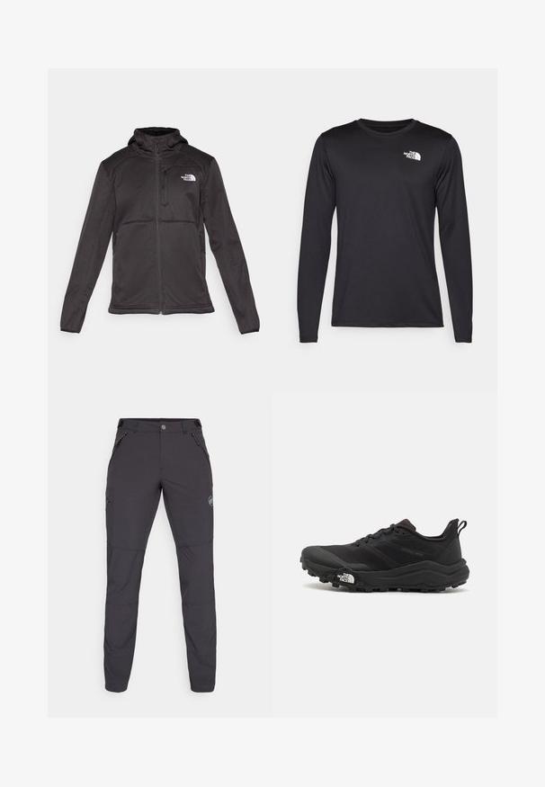 The North Face M QUEST HOODED SOFTSHELL - Softshelljas - black; Zwart performance T-shirt met lange mouwen, gemaakt van lichtgewicht stof, met een wit logo op de bovenste linkerborst. Gladde textuur.; Donkergrijze outdoorbroeken met een slim fit, gemaakt van flexibel materiaal. Voorzien van drie zakken met rits en een logodetail.; Zwarte trailrunning schoen met een gestructureerde bovenkant, rubberen zool en versterkte neus. Voorzien van een gevoerde kraag en een trekhaak voor eenvoudig aan- en uittrekken.