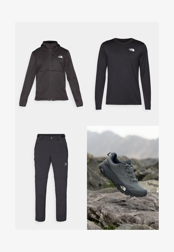 The North Face M QUEST HOODED SOFTSHELL - Softshelljacka - black; Långärmad svart prestandatröja i lätt tyg, med en vit logotyp på övre vänster bröst. Slät textur.; Mammut RUNBOLD ZIP OFF PANTS MEN - Friluftsbyxor - black; Grå trail löparskor med en texturerad ovandel, hållbar gummisula och förstärkt tåparti. Har snören och logotyp på sidan.