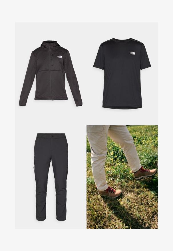 The North Face M QUEST HOODED SOFTSHELL - Softshelljacke - black; Schwarzes T-Shirt mit kurzen Ärmeln aus leichtem Stoff. Mit einem kleinen weißen Logo auf der linken Brust und dezenten Akzenten an den Schultern.; Schwarze, schmal zulaufende Hosen mit elastischem Bund, seitlichem Reißverschlussfach und glattem, leichtem Stoff. Ideal für Sportbekleidung.; Braune Wanderschuhe mit roten Schnürsenkeln, Gummisohlen und gepolstertem Schaft, getragen mit creamfarbenen Hosen, die über grasiges Terrain treten.