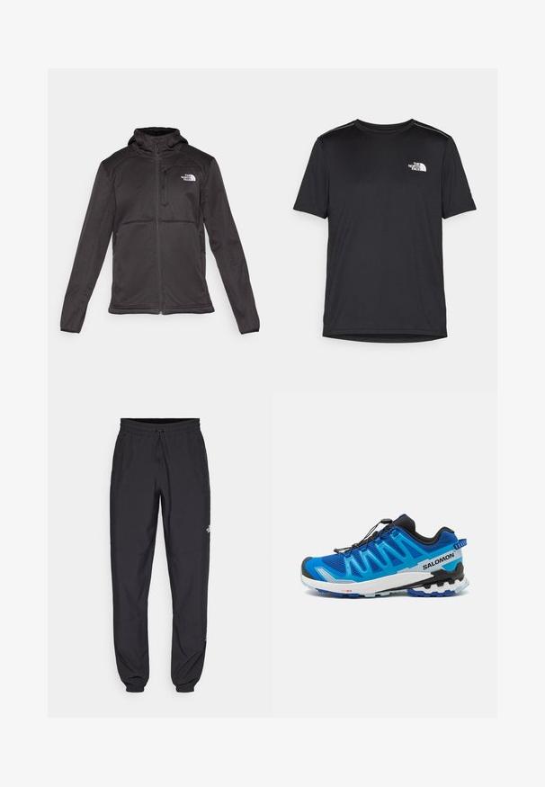 The North Face M QUEST HOODED SOFTSHELL - Softshelljacka - black; Svart kortärmad T-shirt i lättviktig tyg. Har en liten vit logotyp på vänster bröst och subtila axeltoner.; Svarta träningsbyxor tillverkade av lättviktsmaterial, med dragsko i midjan, sidofickor och avsmalnande muddar vid anklarna.; Blå atletisk sko med ett överdel av nätmaterial, svarta detaljer, en Contagrip-sula och ett snabbt snörsystem. Har en platt häl och ett vågmönstrat design.