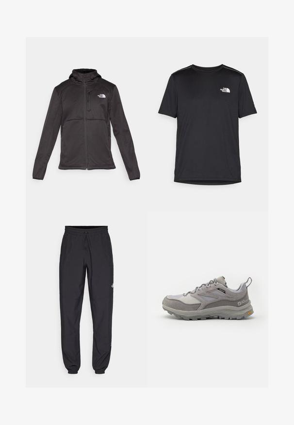 The North Face M QUEST HOODED SOFTSHELL - Softshell jakker - black; Sort t-shirt med korte ærmer lavet af letvægtsstof. Har et lille hvidt logo på venstre bryst og diskrete skuldrelementer.; Sorte atletiske bukser lavet af letvægtsstof, med en snor i taljen, sidelommer og tapered manchetter ved anklerne.; Jack Wolfskin CYROX TEXAPORE LOW - Hikingsko - pebble