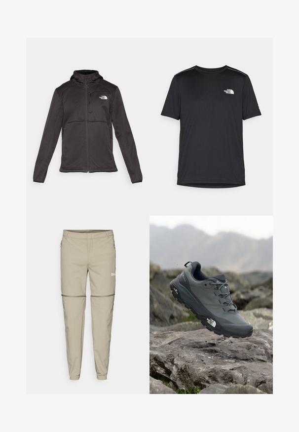 The North Face M QUEST HOODED SOFTSHELL - Softshellová bunda - black; Černé tričko s krátkým rukávem vyrobené z lehkého materiálu. Má malé bílé logo na levé části hrudi a decentní akcenty na ramenech.; Beige venkovní kalhoty s odnímatelnými nohavicemi, úzký střih, měkká textura, boční kapsy na zip a decentní logo na levém stehně.; Šedá trailová běžecká bota s texturovaným svrškem, odolnou gumovou podrážkou a vyztuženou špičkou. Obsahuje tkaničky a logo značky na straně.
