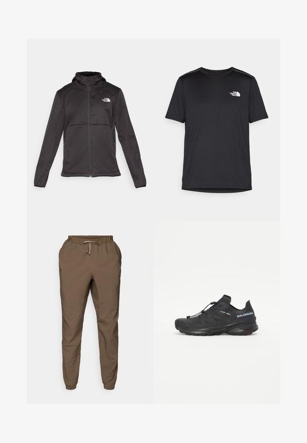 The North Face M QUEST HOODED SOFTSHELL - Softshell-takki - black; Mustapaita lyhyillä hihoilla, joka on valmistettu kevyestä kankaasta. Siinä on pieni valkoinen logo vasemmassa rinnassa ja huomaamattomia olkakoristeita.; Ruskeat joustavyötäröiset verkkohousut, joissa on nauhakuja, kapenevat lahkeet ja hienostunut hohde, valmistettu kevyestä ja sileästä kankaasta.; Musta maastohiihtokenkä tekstuuripinnalla, joustavilla nauhoilla ja Contagrip-pohjalla. Ominaisuuksiin kuuluu tiukka istuvuus ja suojaava varvaskuppi.